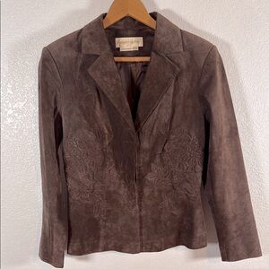 Margaret Godfrey Chocolate Brown Floral Embossed Leather Jacket Size Med Petite